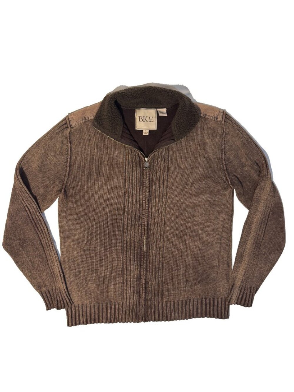 BKE Full Zip Cardigan Sweater Sherpa Collar Size L Brown Stonewash Knit Cotton